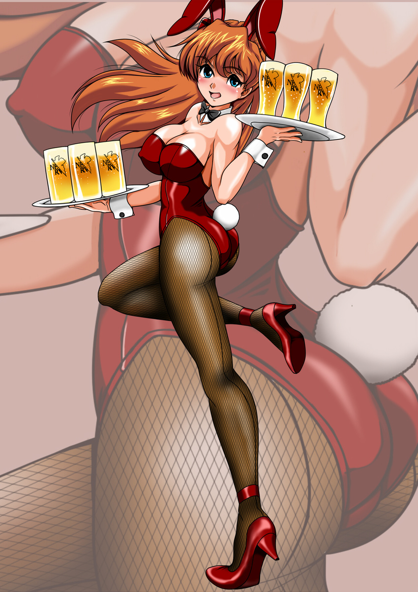 alcohol animal_ears ass beer blue_eyes bow bowtie brown_hair bunny_ears bunny_tail bunnysuit cup detached_collar fishnet_pantyhose fishnets highres long_hair mug neon_genesis_evangelion pantyhose sabrina_(pansuto) solo souryuu_asuka_langley tail tray wrist_cuffs zoom_layer