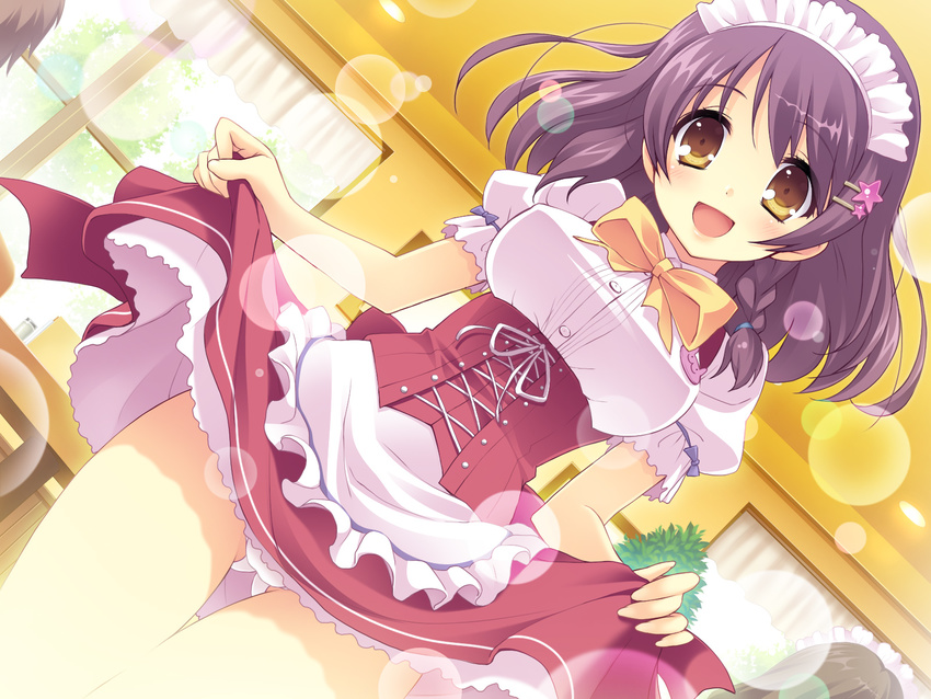 :d apron bangs blush bow bowtie braid breasts buttons cat corset covered_nipples curtains dress dress_lift dutch_angle fat_mons floating_hair frills game_cg grey_hair hair_ornament hairclip head_tilt highres hin_wa_bokura_no_fuku_no_kami indoors iwashita_(artist) lace lace-trimmed_dress large_breasts light_particles looking_at_viewer maid maid_headdress open_mouth panties pantyshot pantyshot_(standing) parted_bangs puffy_short_sleeves puffy_sleeves purple_hair restaurant ribbon rurino_sakazuki scrunchie shinonome_manami short_dress short_hair short_sleeves side_braid single_braid smile solo standing star swept_bangs table thigh_gap underwear waist_apron waitress white_panties window yellow_eyes