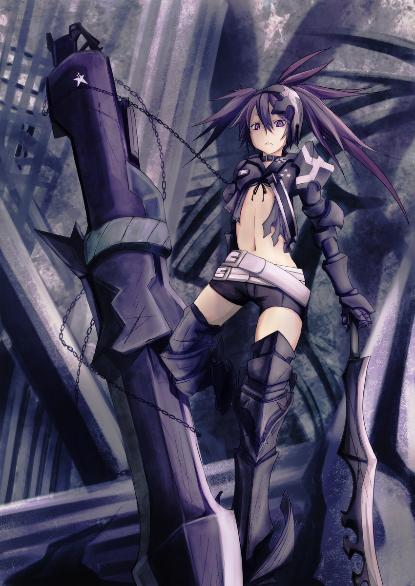 1girl armor belt black_hair black_rock_shooter boots chains dual_wielding glowing greaves highres insane_black_rock_shooter long_hair midriff navel purple_eyes shorts solo thighhighs twintails uneven_twintails weapon