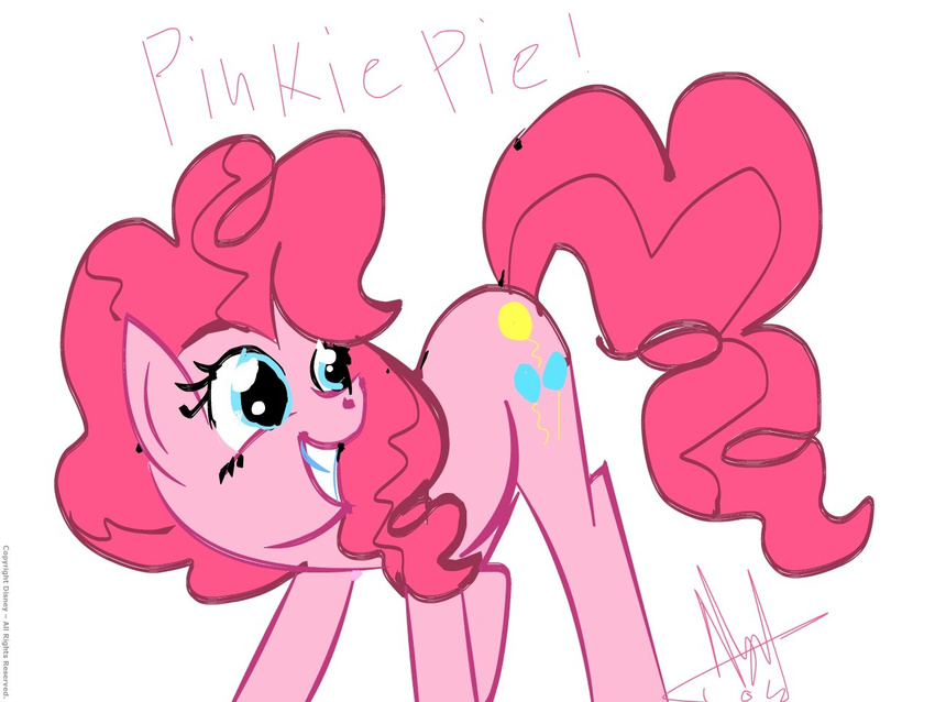 cutie_mark dogdaisypoodle equine female feral friendship_is_magic fur hair horse mammal my_little_pony pink pink_fur pink_hair pinkie_pie_(mlp) plain_background pony raised_tail smile solo white_background