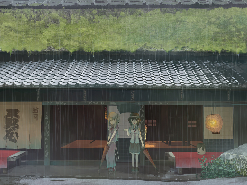 bad_id bad_pixiv_id blonde_hair brown_eyes brown_hair grey_eyes hat highres house kyoto lamp long_hair maribel_hearn moss multiple_girls necktie one_eye_closed open_door open_mouth rain real_world_location rooftop shirt short_hair short_sleeves skirt tokoroten_(hmmuk) touhou umbrella usami_renko