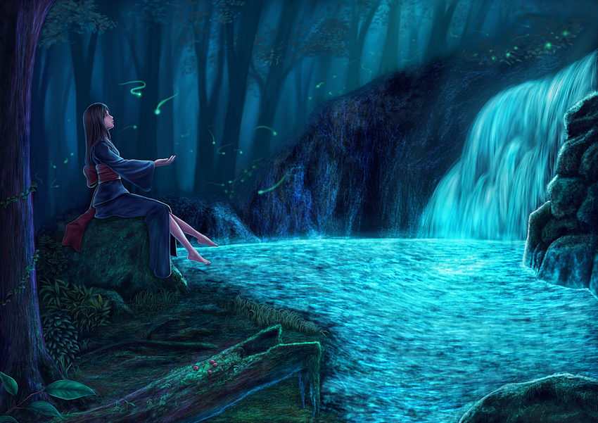 black_hair bug ebi_furai_(erhu112) firefly forest highres insect japanese_clothes kimono long_hair nature original scenery sitting tree water waterfall