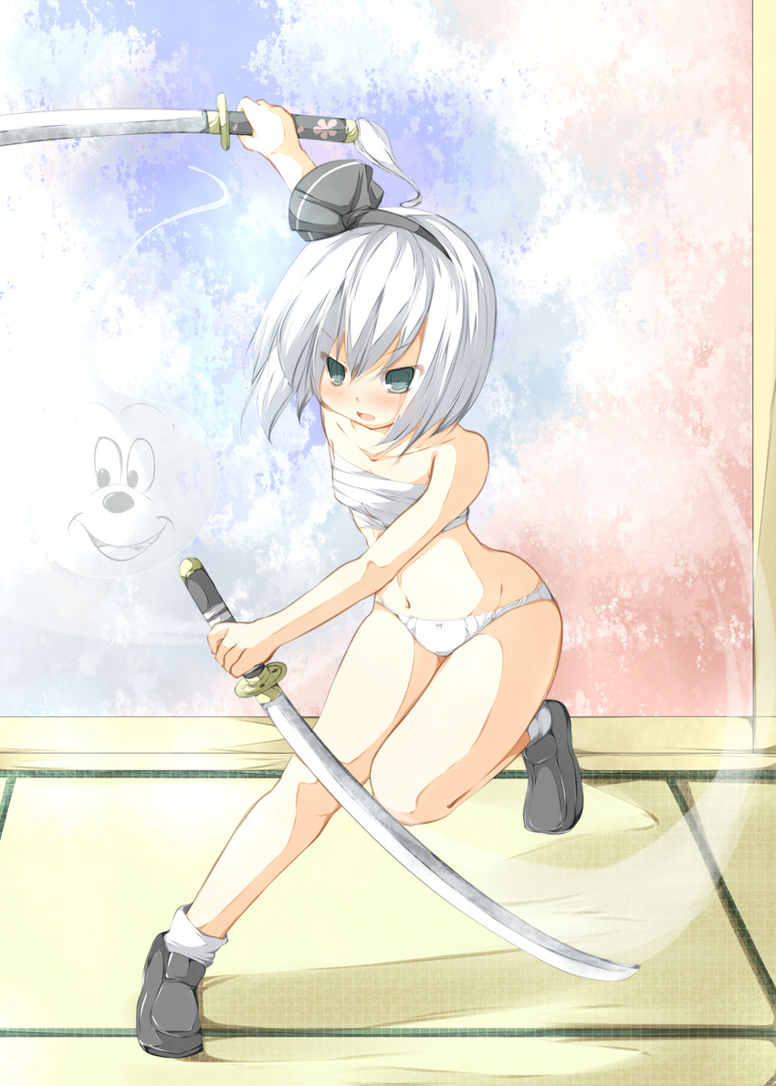 bad_id bad_pixiv_id black_hairband blue_eyes disney dual_wielding ghost hairband highres hitodama holding katana konpaku_youmu konpaku_youmu_(ghost) mickey_mouse panties sarashi short_hair silver_hair solo sword tabuchi_(tabuchisanchi) touhou underwear underwear_only weapon white_panties