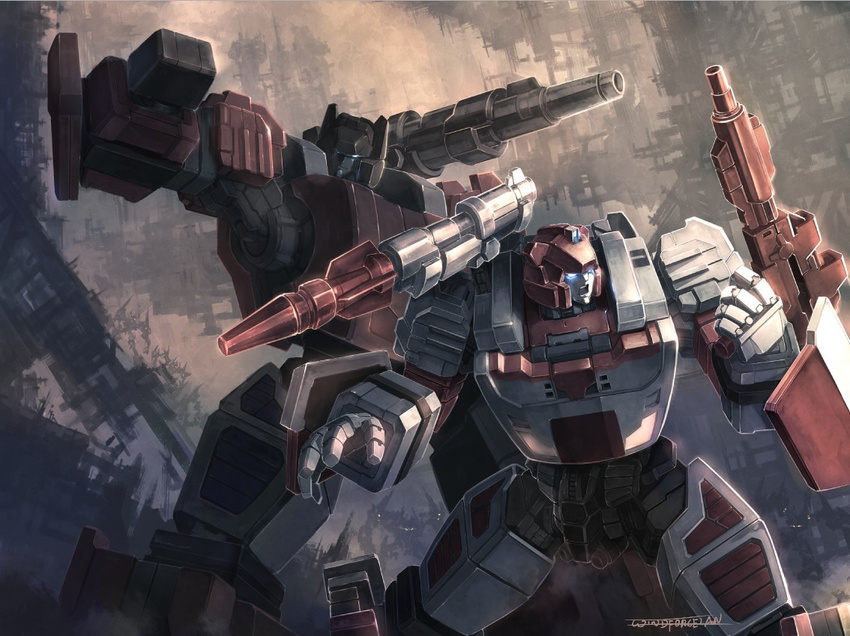 autobot battle cannon cybertron decepticon gun mecha missile no_humans oldschool realistic red_alert rifle robot ruins science_fiction sideswipe transformers weapon windforcelan