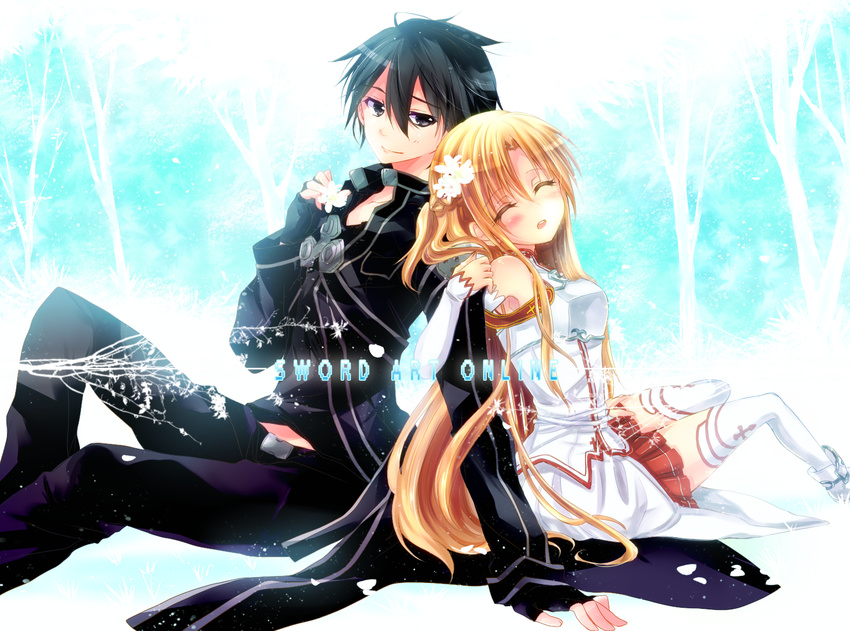 kirigaya_kazuto sleeping sword_art_online thighhighs yuuki_asuna yuuki_sara