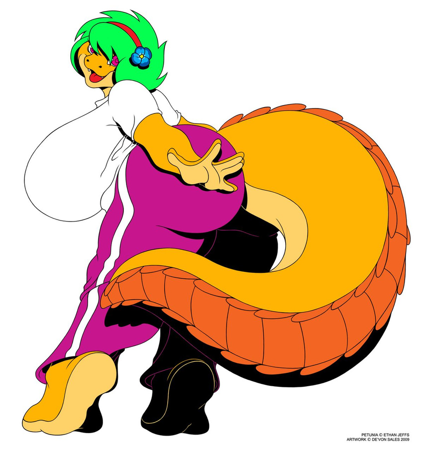 big_butt breasts butt chubby deonwolf female flower green_hair hair huge_breasts huge_butt lizard petunia pink_eyes reptile scalie solo thighs tongue