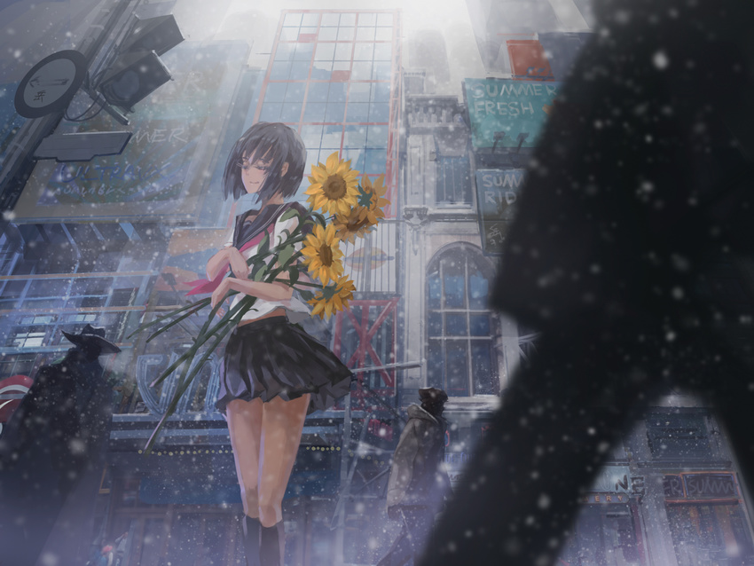 archlich bad_id bad_pixiv_id black_hair closed_eyes coat crowd flower hat highres hood hoodie neckerchief original pants road road_sign school_uniform serafuku shirt short_hair sign skirt smile street sunflower traffic_light walking