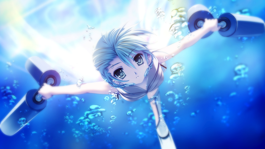 aqua_(dolphin_divers) bubble diving dolphin_divers fins freediving game_cg grey_eyes senomoto_hisashi swimming underwater water wetsuit white_hair