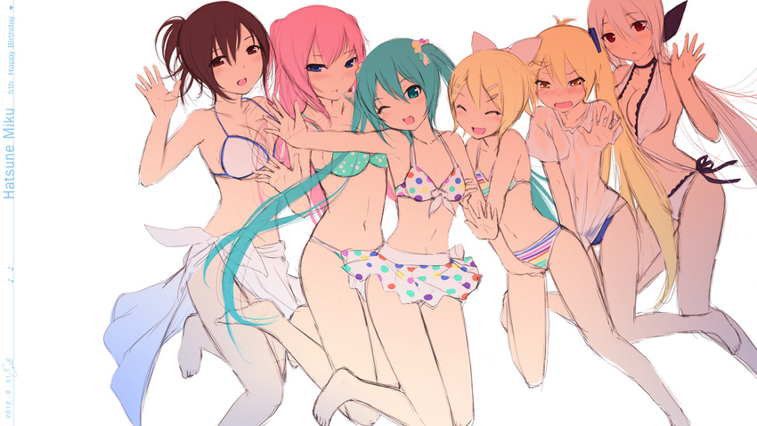 :d ;d ^_^ akita_neru aqua_eyes aqua_hair barefoot bikini birthday blonde_hair blush brown_hair cait closed_eyes fang front-tie_top gradient_sarong hatsune_miku highres kagamine_rin long_hair megurine_luka meiko multiple_girls one_eye_closed open_mouth pink_hair polka_dot polka_dot_scrunchie polka_dot_swimsuit project_diva_(series) project_diva_2nd project_diva_f sarong scrunchie shirt_tug sketch smile striped striped_swimsuit swimsuit swimwear_(module) twintails very_long_hair vocaloid wavy_mouth white_hair yowane_haku