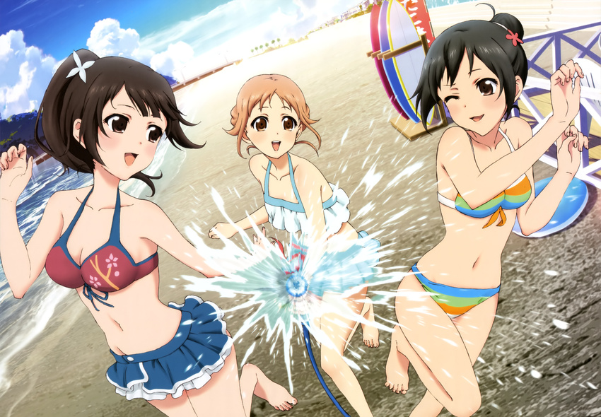 :d absurdres barefoot beach bikini bikini_skirt black_eyes black_hair blush breasts brown_eyes brown_hair cleavage cloud day dutch_angle front-tie_top highres hose legs medium_breasts miyamoto_konatsu miyazaki_tsukasa multiple_girls navel non-web_source nyantype ocean official_art okita_sawa one_eye_closed open_mouth outdoors ponytail sakai_wakana scan short_hair skindentation sky small_breasts smile striped striped_bikini striped_swimsuit swimsuit tari_tari water