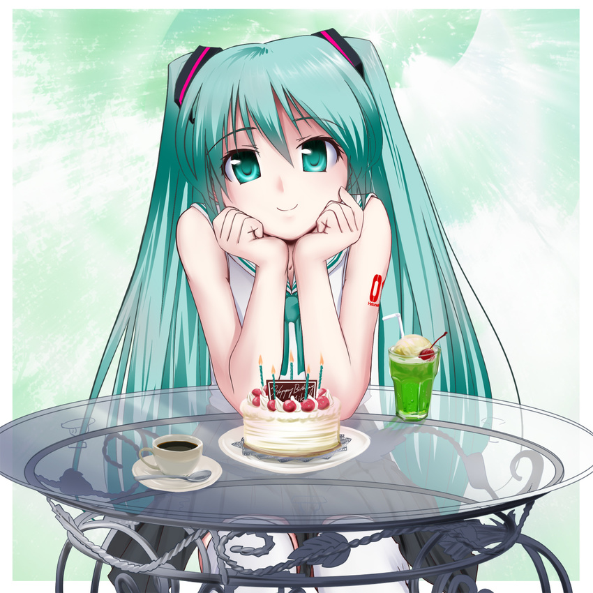 aqua_eyes aqua_hair bare_shoulders birthday birthday_cake cake candle cherry chin_rest cup drinking_straw food fruit glass_table hair_ornament happy_birthday hatsune_miku highres ice_cream ice_cream_float long_hair looking_at_viewer melon_soda ooiso_shouryuu pov_across_table pov_dating skirt spoon strawberry table teacup thighhighs twintails very_long_hair vocaloid white_legwear