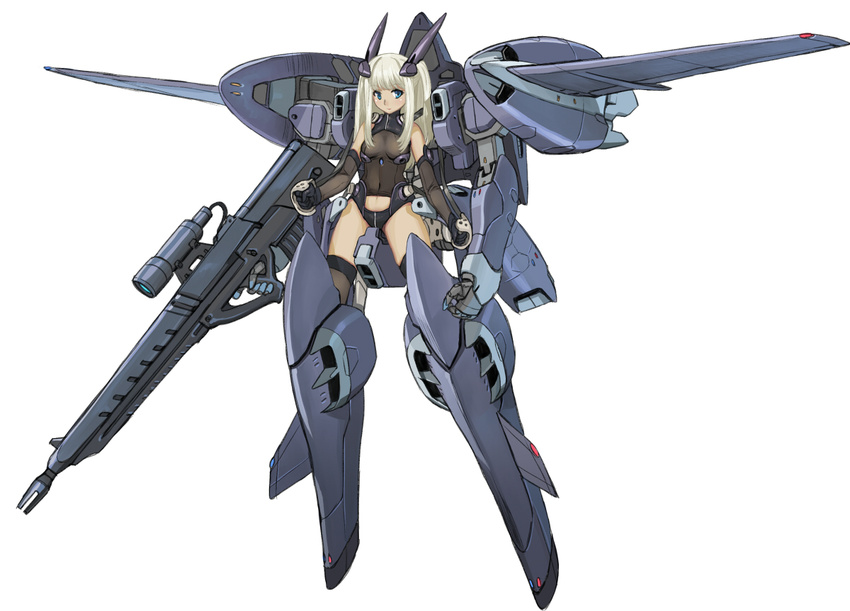 blue_eyes bodysuit copyright_request exoskeleton flyx2 grey_hair gun mecha_musume rifle sniper_rifle solo weapon wings