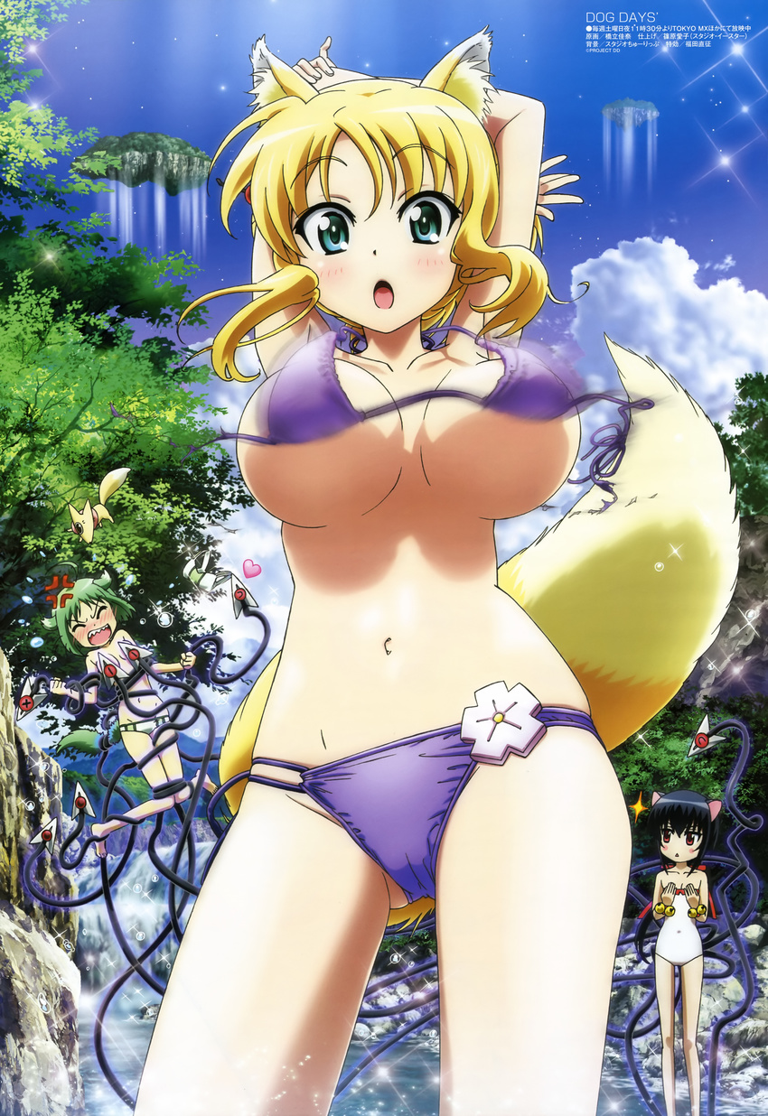 :o absurdres angry arms_behind_head arms_up barefoot bikini bikini_top_removed black_hair blonde_hair blush breasts cameltoe cleavage closed_eyes cloud covered_navel covering covering_breasts day dog_days eclair_martinozzi green_eyes green_hair hashidate_kana highres large_breasts long_hair megami motion_blur multiple_girls navel noir_vinocacao non-web_source official_art one-piece_swimsuit open_mouth red_eyes scan short_hair skindentation sky swimsuit tail topless underboob wardrobe_malfunction yukikaze_panettone
