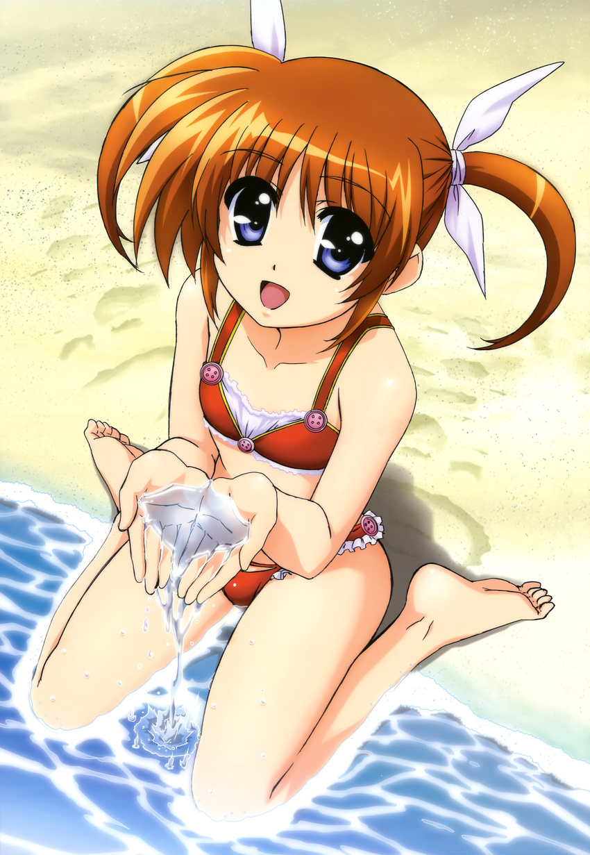 :d absurdres barefoot beach bikini blue_eyes brown_hair cupping_hands feet highres looking_at_viewer lyrical_nanoha mahou_shoujo_lyrical_nanoha nyantype official_art okuda_yasuhiro open_mouth outdoors partially_submerged sand scan short_twintails sitting smile swimsuit takamachi_nanoha twintails wariza water