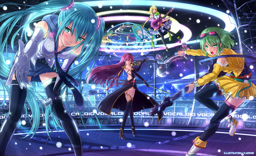 aqua_eyes aqua_hair black_legwear blonde_hair blush boots breasts commentary_request copyright_name cover elbow_gloves garter_straps gloves goggles goggles_on_head green_eyes green_hair guitar gumi hatsune_miku highres holding instrument kagamine_rin kazeno long_hair medium_breasts megurine_luka microphone multiple_girls necktie outstretched_arm pink_hair short_hair skirt smile thigh_boots thighhighs twintails very_long_hair vocaloid