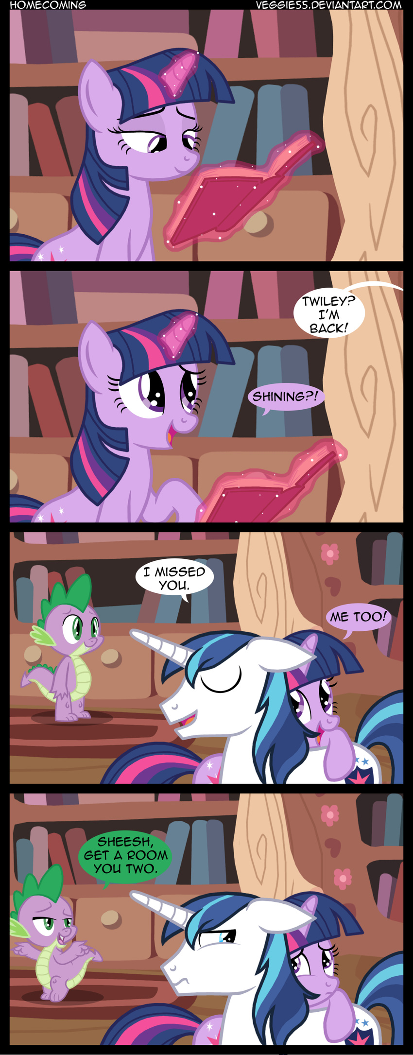book comic cub cutie_mark dialog dialogue dragon english_text equine eyes_closed female feral friendship_is_magic fur green_eyes group hair horn horse inside magic male mammal my_little_pony pony purple_fur purple_scales reading shining_armor_(mlp) spike_(mlp) text twilight_sparkle_(mlp) two_tone_hair unicorn veggie55 white_fur wood young