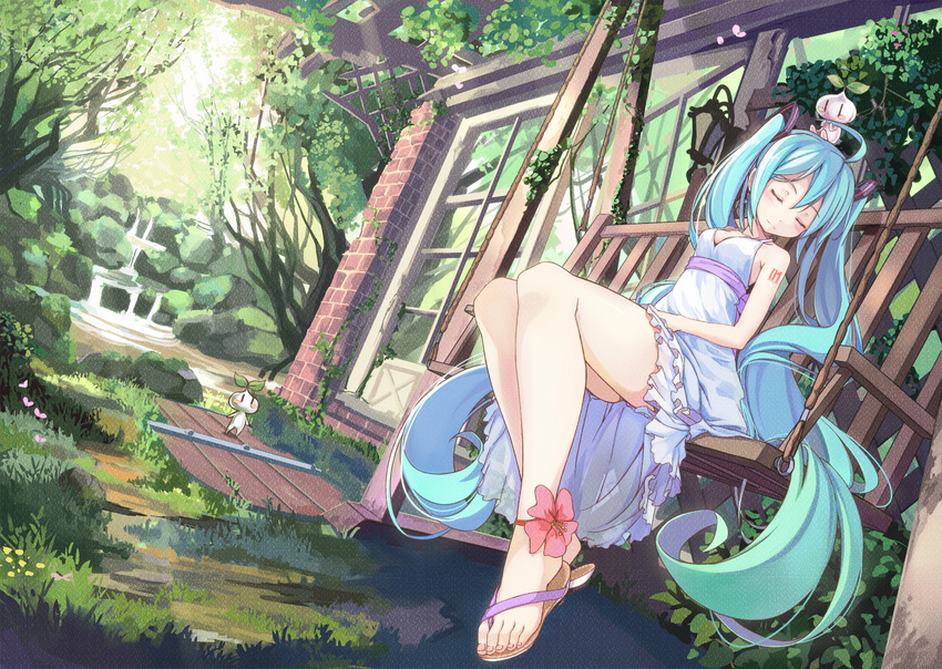 ahoge anklet aqua_hair beek blush_stickers brick_wall closed_eyes dress dutch_angle feet flower grass hatsune_miku highres jewelry legs long_hair long_legs rope sandals sitting sleeveless sleeveless_dress solo toenails toes twintails very_long_hair vocaloid |_|