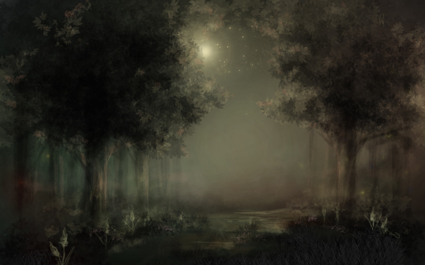 flower fog forest grass highres leona_(yun_laurant) moon nature night night_sky no_humans original outdoors scenery sky star swamp water