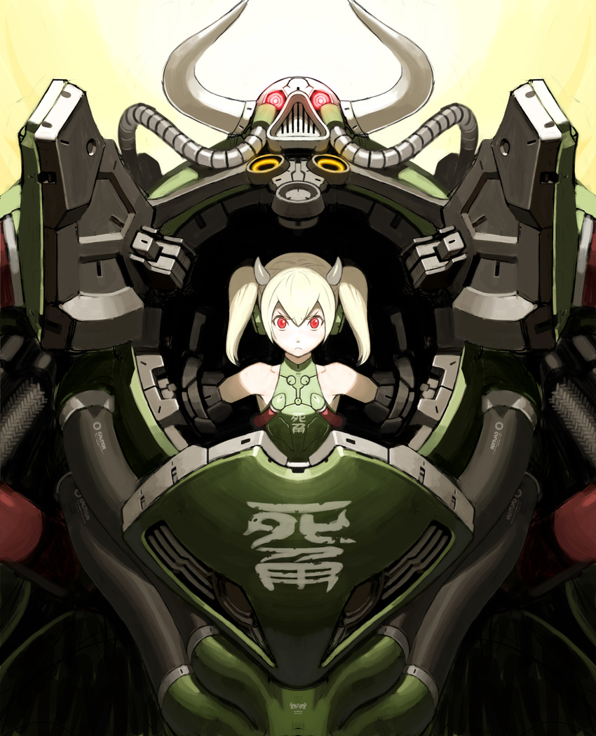 :&lt; albino angry armor armpits bangs bare_shoulders big_bull_crocker cable closed_mouth cow_horns flat_chest from_below frown genderswap genderswap_(mtf) glowing glowing_eyes hair_between_eyes halterneck highres horns looking_at_viewer max_anarchy official_art pale_skin power_armor red_eyes short_hair short_twintails turtleneck twintails upper_body v-shaped_eyebrows white_hair yoshimura_ken'ichirou younger