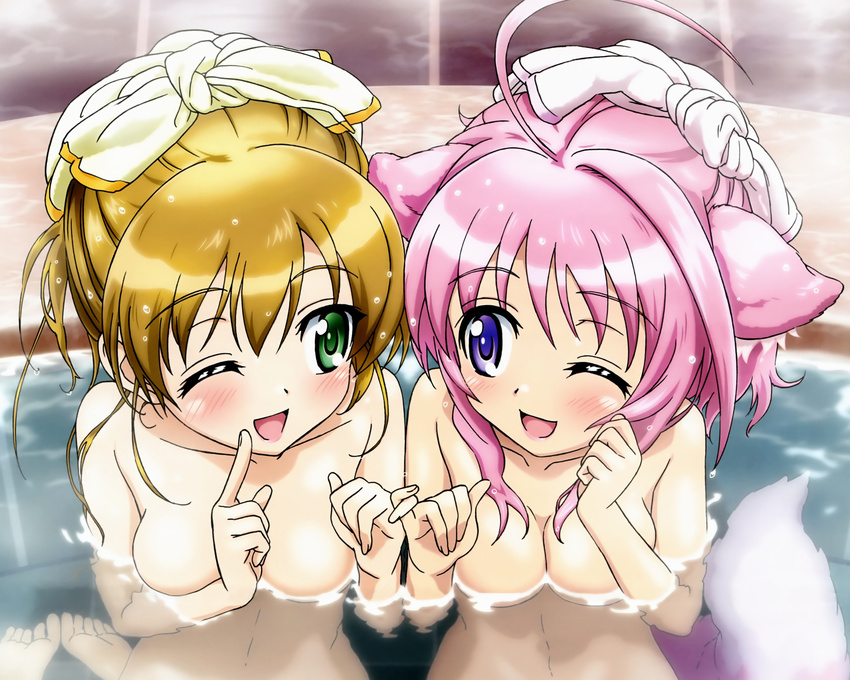 2girls animal_ears bath cleavage dog_days millhiore_f_biscotti nude nyantype rebecca_anderson wink