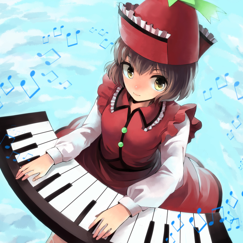 74_(teduka) blush brown_hair hat highres instrument keyboard_(instrument) long_sleeves lyrica_prismriver puffy_sleeves short_hair solo touhou yellow_eyes