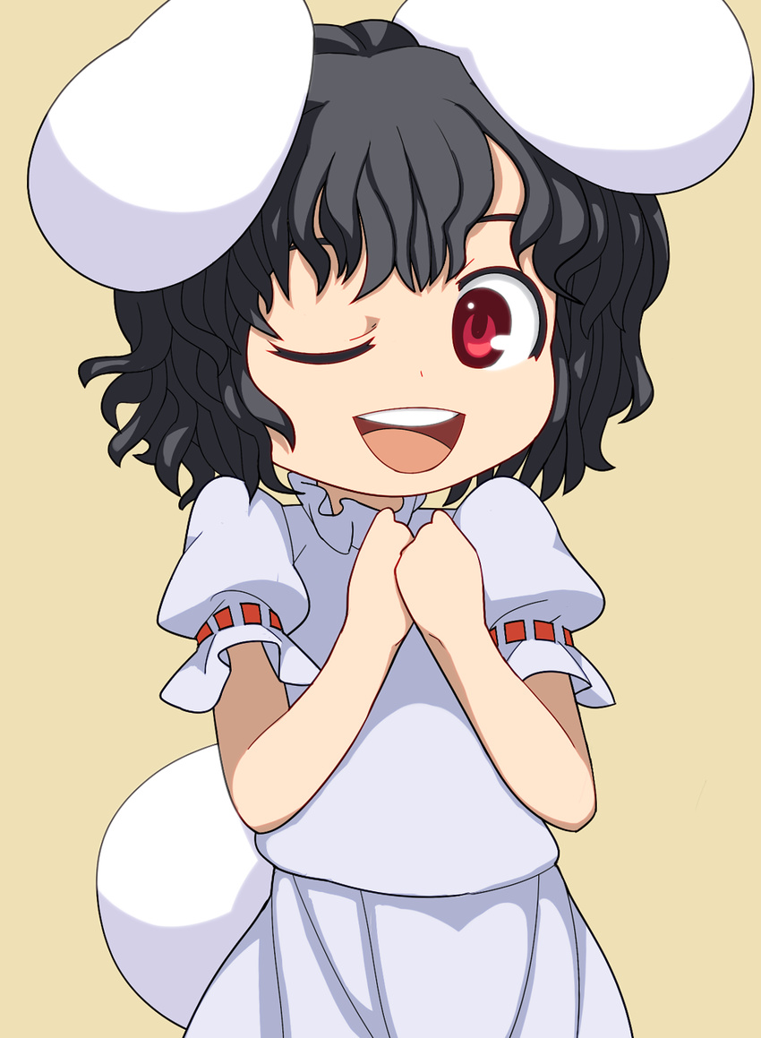 animal_ears black_hair bunny_ears highres hospital_king inaba_tewi one_eye_closed open_mouth red_eyes short_hair smile solo tail touhou