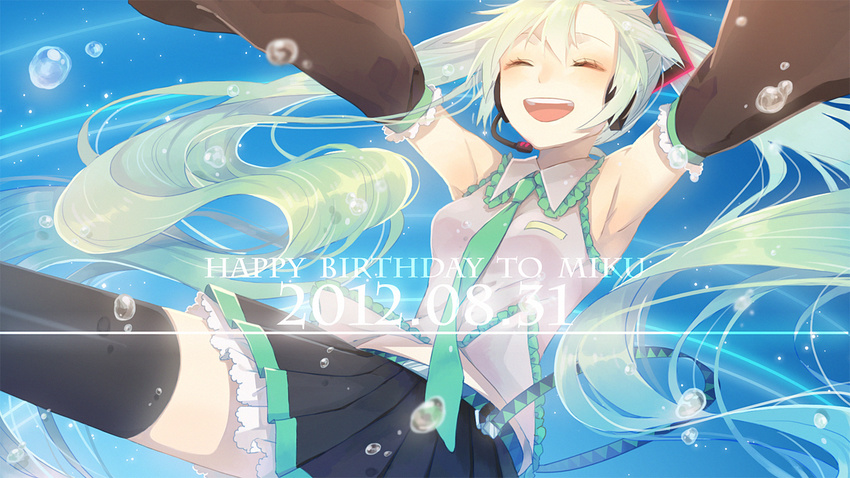 2012 armpits bad_id bad_pixiv_id character_name closed_eyes dated detached_sleeves green_hair hatsune_miku headset io_(sinking=carousel) long_hair necktie open_mouth skirt solo thighhighs twintails very_long_hair vocaloid