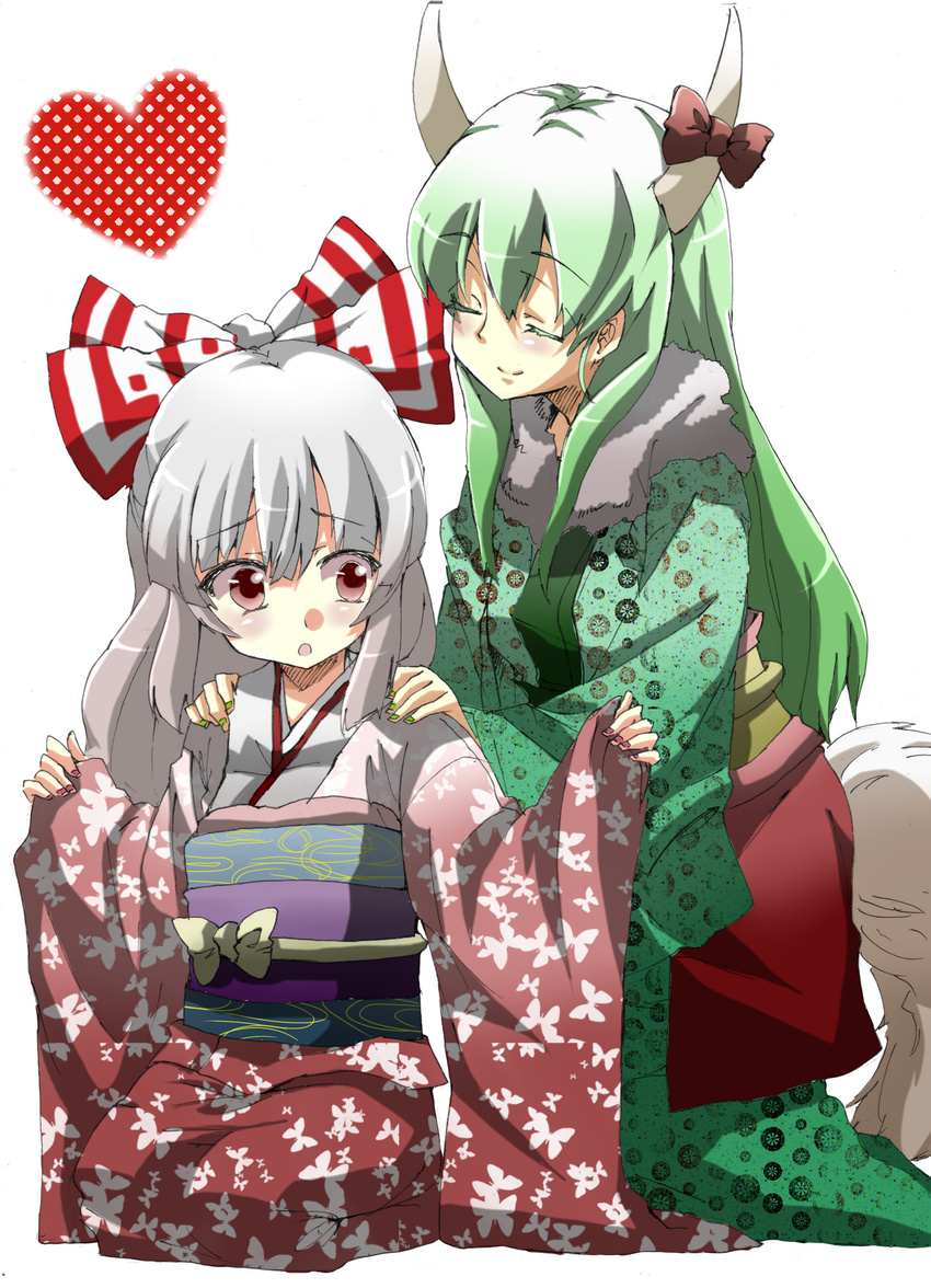 alternate_costume blush bow closed_eyes ex-keine fujiwara_no_mokou green_hair hair_bow highres horns kamishirasawa_keine long_hair long_sleeves multiple_girls obi red_eyes rururu_(athletic-meet) sash silver_hair smile tail touhou white_background wide_sleeves