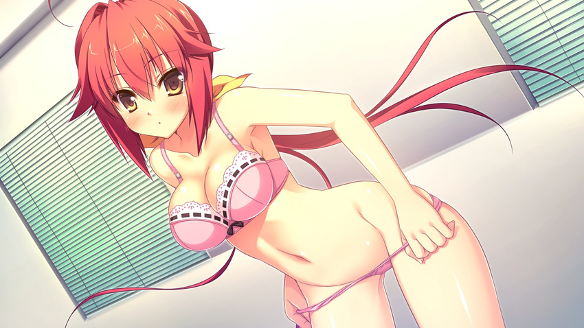 bad_id bad_yandere_id blush bow bow_bra bra breasts brown_hair cleavage game_cg green_eyes groin highres kamishiro_yuka long_hair medium_breasts naka_no_hito_nado_inai! narumi_yuu_(bunbukudou) navel panties panty_pull pink_bra pink_panties ponytail solo underwear underwear_only