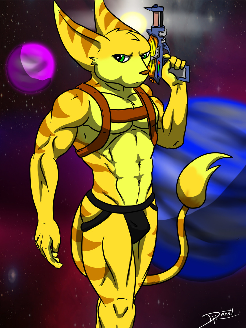 biceps feline fur green_eyes gun jockstrap lombax male mammal muscles pecs pose ranged_weapon ratchet ratchet_and_clank sci-fi solo space topless underwear weapon