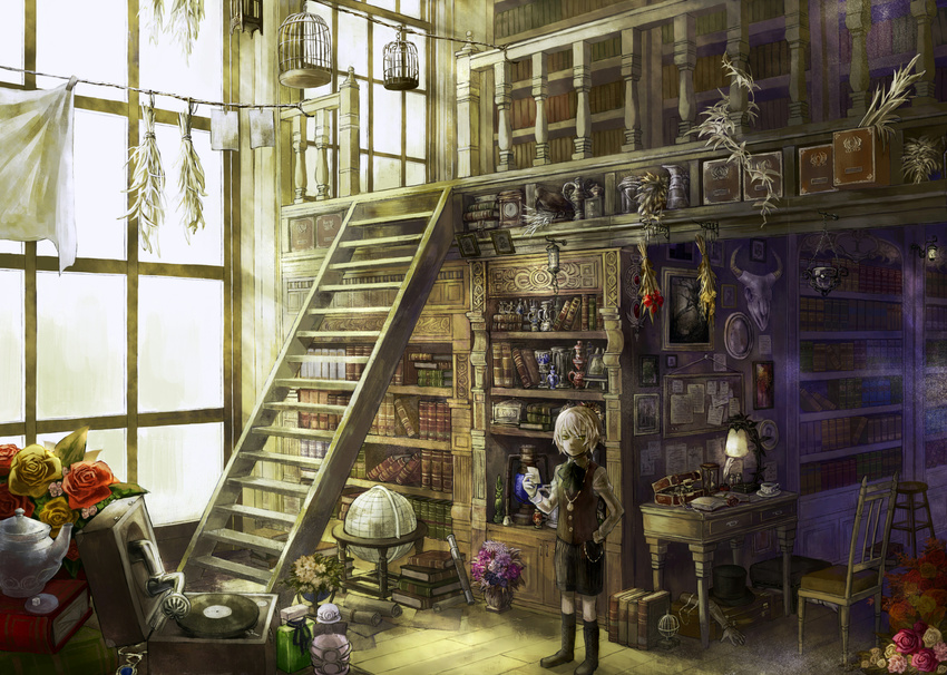 birdcage book bookshelf cage chair desk flower globe hand_in_pocket hat herb_bundle hise holding kettle male_focus original plant portrait_(object) potted_plant rose scenery shorts solo stairs standing suitcase top_hat window