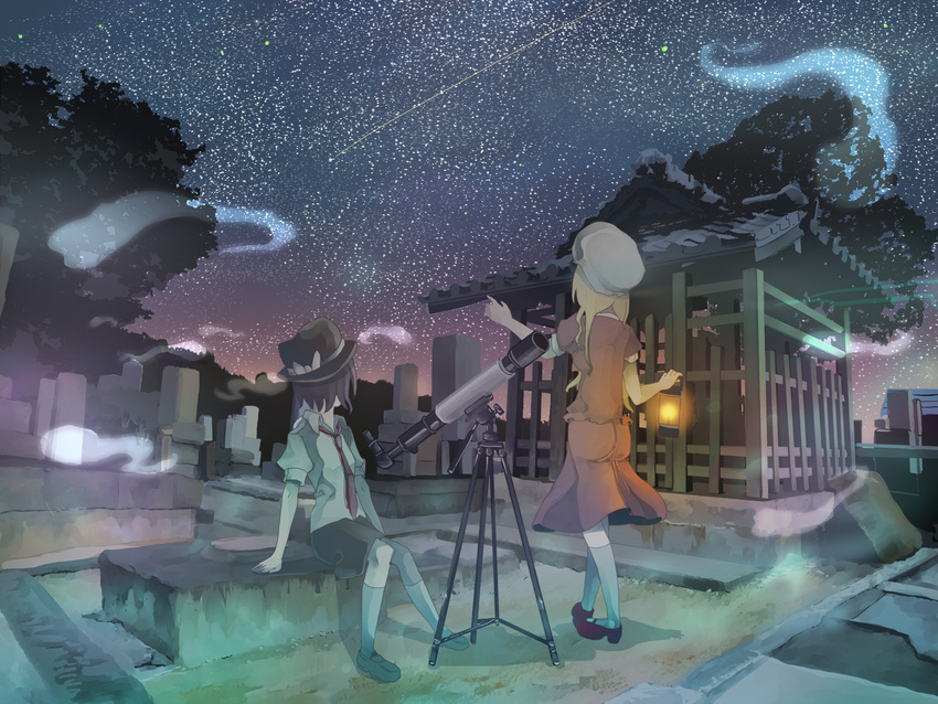 architecture bad_id bad_pixiv_id blonde_hair bow brown_hair east_asian_architecture graveyard hat hat_bow highres hitodama kyoto maribel_hearn multiple_girls necktie night pointing puffy_sleeves shooting_star short_sleeves sitting sky standing star stargazing telescope tokoroten_(hmmuk) tombstone touhou usami_renko