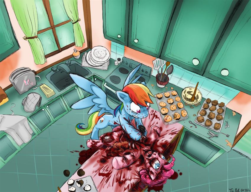 blood bowl crying cupcake cutie_mark equine female feral food friendship_is_magic gore horse kitchen knife mammal muffin my_little_pony oven oven_mitt pegasus pinkie_pie_(mlp) plate pony rainbow_dash_(mlp) rocket_to_insanity_(mlp_fanfic) sink toaster unknown_artist wings