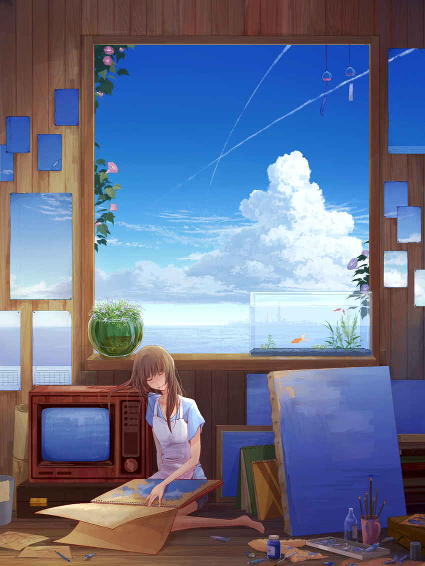 apron aquarium art_brush bad_id bad_pixiv_id barefoot blue bottle brown_hair canvas_(object) closed_eyes cloud condensation_trail crt day fish flower highres horizon indoors long_hair morning_glory ocean on_floor original paint paintbrush painting_(object) pencil plant sitting sketchpad sky solo television toshiyu_(10shi_yu) vines wind_chime window yokozuwari