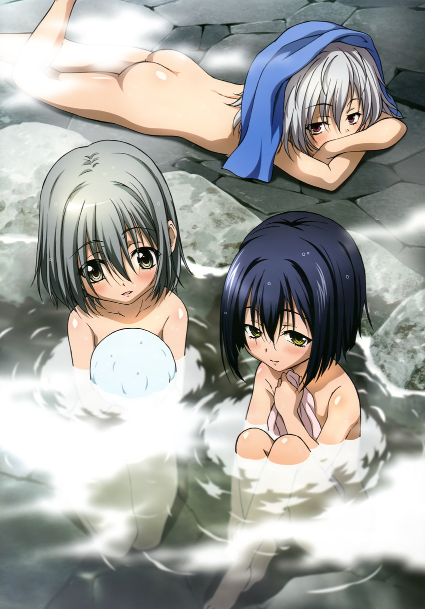 absurdres ass black_hair blush brown_eyes crossed_arms green_eyes hachisuka_goemon highres himiko_(oda_nobuna_no_yabou) legs lying multiple_girls non-web_source nude nyantype oda_nobuna_no_yabou official_art on_stomach onsen short_hair silver_hair takenaka_hanbee_(oda_nobuna_no_yabou) towel water