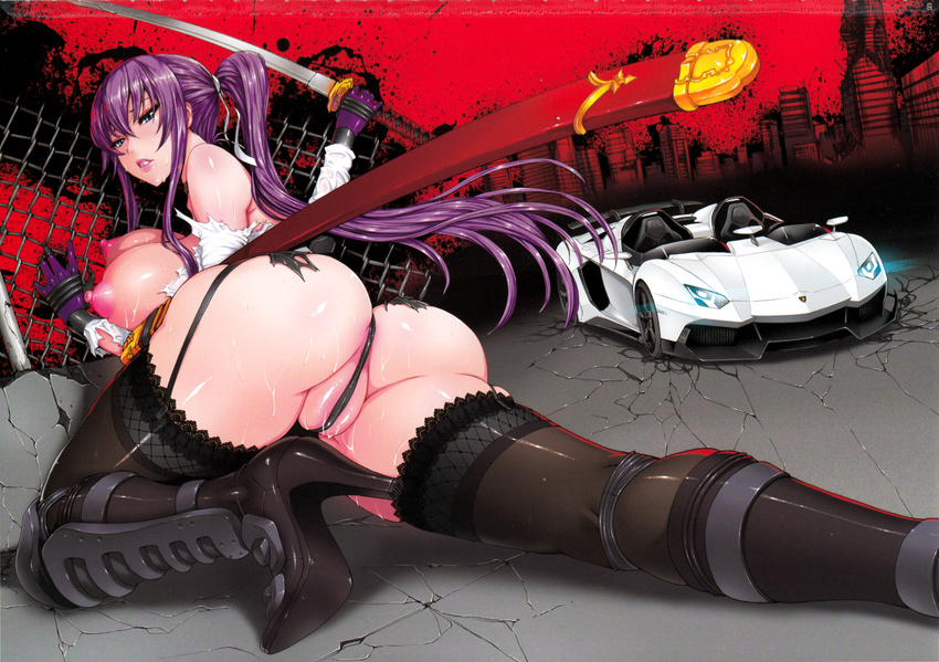 1girl ass black_legwear blue_eyes breasts busujima_saeko cameltoe car fei_(maidoll) garter_straps gloves highres highschool_of_the_dead hips huge_ass katana long_hair looking_back motor_vehicle nipples ponytail purple_hair sword thick_thighs thighhighs thighs torn_clothes vehicle weapon wide_hips
