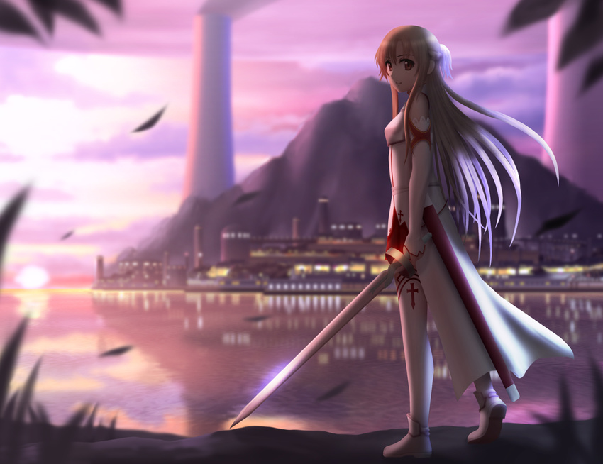 asuna_(sao) chimney city cross dress hair_ribbon long_hair mountain pink_hair red_eyes reflection ribbon siraha solo sunset sword sword_art_online thighhighs weapon white_dress white_legwear zettai_ryouiki