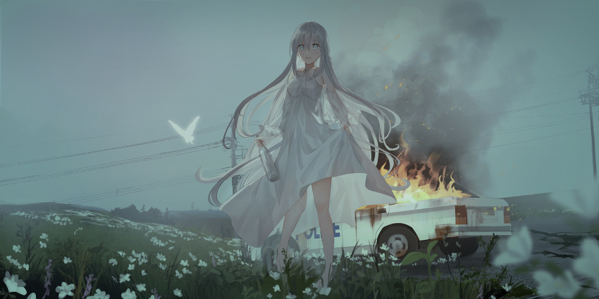 1girl :d bangs blue_eyes blue_sky blurry blurry_foreground bug butterfly car chihuri commentary day depth_of_field dress english_commentary eyebrows_visible_through_hair fire flower ground_vehicle hair_between_eyes highres insect long_hair long_sleeves motor_vehicle open_mouth original outdoors power_lines road see-through see-through_sleeves shoulder_cutout silver_hair sky smile solo standing telephone_pole very_long_hair white_dress white_flower wide_sleeves