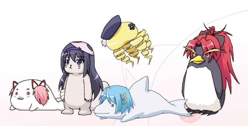 animalization bird commentary_request dolphin gomadoka hair_ribbon hayashiya_zankurou jellyfish kaname_madoka kyubey long_hair mahou_shoujo_madoka_magica miki_sayaka no_humans object_on_head otter penguin pink_hair ribbon sakura_kyouko seal short_twintails tomoe_mami twintails