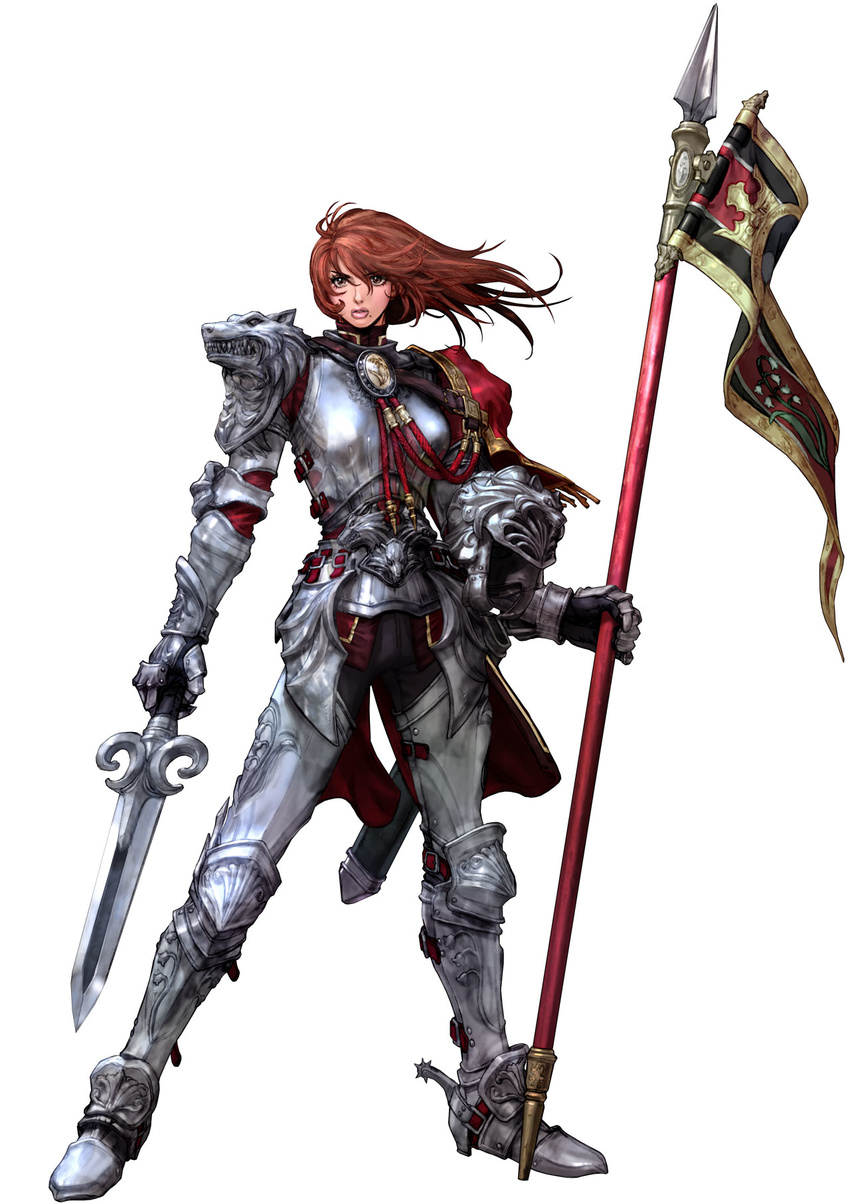 armor banner brown_hair dual_wielding gauntlets greaves headwear_removed helmet helmet_removed highres hildegard_von_krone holding kawano_takuji lance lips long_hair mole mole_under_mouth official_art pauldrons polearm red_hair solo soulcalibur soulcalibur_iv spurs sword weapon wolf