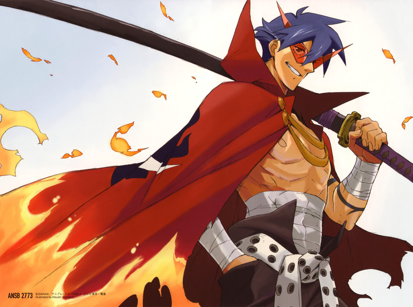 abs bandages blue_hair bodypaint cape chest glasses grin highres kamina kamina_shades katana male_focus manly nishigori_atsushi official_art sarashi scan sheath sheathed shirtless smile solo sword tengen_toppa_gurren_lagann weapon