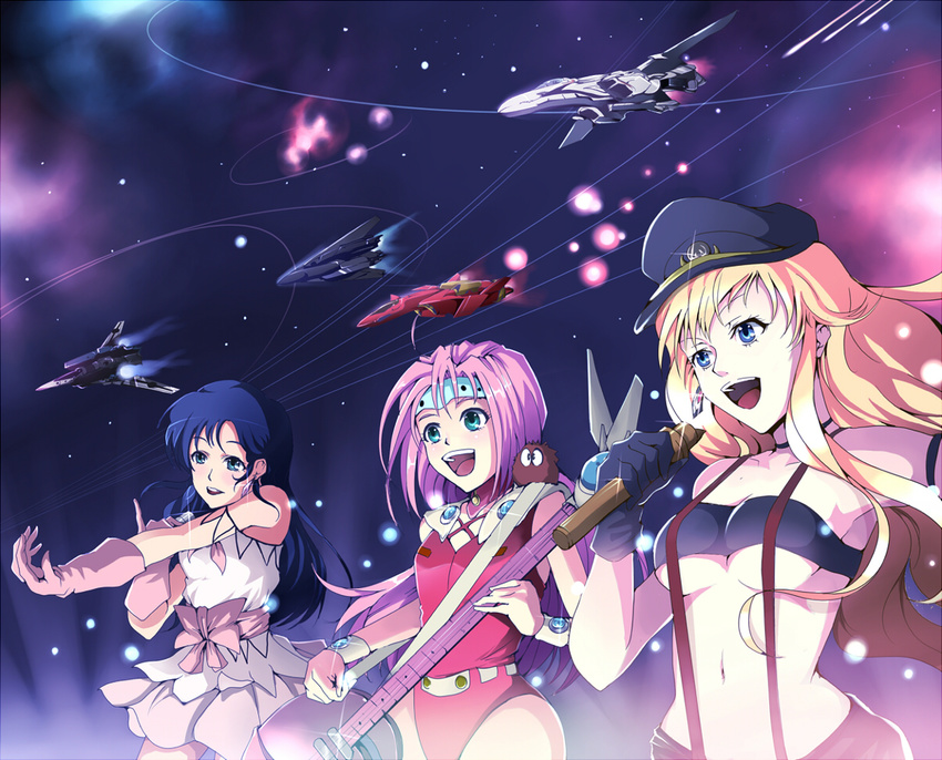 80s 90s bandeau breasts concert earrings fire_valkyrie guitar hat idol instrument jewelry kasai_shin large_breasts leotard listen_to_my_song lynn_minmay macross macross:_do_you_remember_love? macross_7 macross_frontier mecha microphone midriff multiple_girls music mylene_jenius neon_lights oldschool peaked_cap red_leotard sheryl_nome singing space underboob vf-1 vf-17 vf-19 vf-1_super vf-25