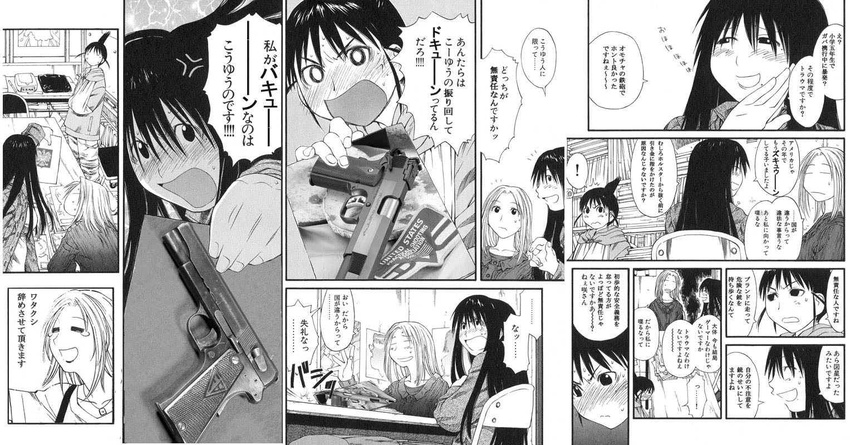 comic genshiken greyscale gun handgun jpeg_artifacts kasukabe_saki m1911 monochrome multiple_girls ogiue_chika oono_kanako parody third-party_edit translation_request weapon