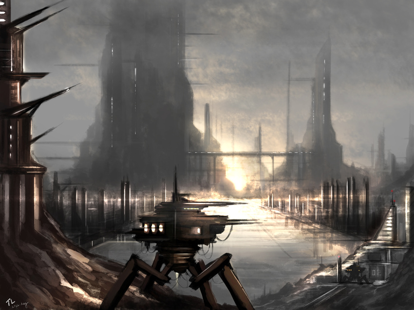 cityscape cloud coruscant fog highres mecha no_humans realistic scenery science_fiction sky star_wars tlrose walker