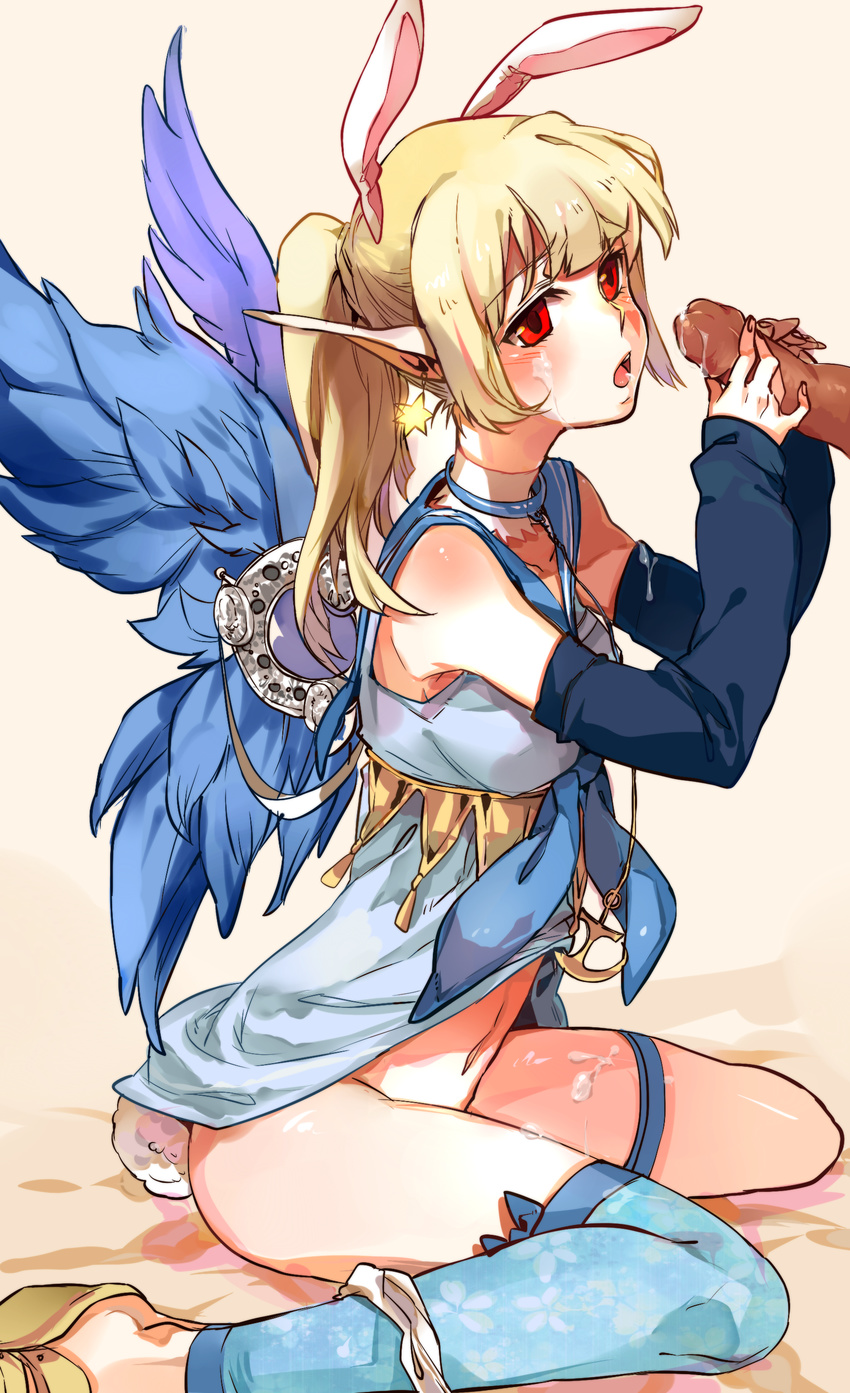 1girl absurdres animal_ears archer_(dragon_nest) bad_id bad_pixiv_id bare_shoulders blonde_hair blush bottomless bunny_ears bunny_tail cum cum_on_body cum_on_clothes cum_on_lower_body dragon_nest earrings facial hetero highres holding jewelry kneeling long_hair navel no_panties panties panties_around_one_leg penis pointy_ears red_eyes single_thighhigh sitting solo_focus tail thighhighs tow0 underwear wariza wings