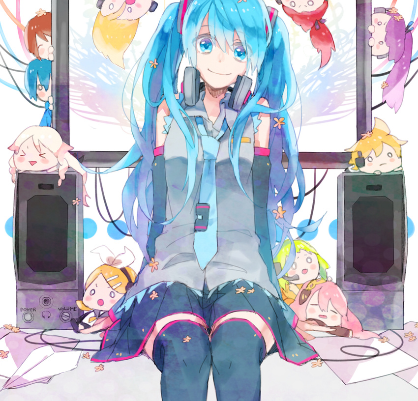 6+girls aqua_eyes aqua_hair bad_id bad_pixiv_id bare_shoulders character_name chibi cul gomi_chiri gumi hatsune_miku headphones headphones_around_neck highres ia_(vocaloid) kagamine_len kagamine_rin kaito kamui_gakupo lily_(vocaloid) long_hair looking_at_viewer megurine_luka meiko multiple_boys multiple_girls sitting skirt smile thighhighs twintails very_long_hair vocaloid