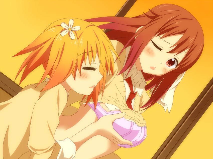 blonde_hair blush bra breast_grab breasts brown_eyes brown_hair couple eyes_closed grabbing group hair_ornament long_hair medium_breasts moaning multiple_girls one_eye_closed open_mouth pigtails sakura_trick school_uniform shirt shirt_lift short_hair sonoda_yuu takayama_haruka underwear uniform yuri