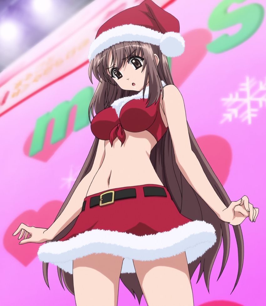 1girl belt brown_eyes brown_hair christmas hat highres long_hair looking_down midriff oretachi_ni_tsubasa_wa_nai santa_hat screencap skirt solo stitched watarai_asuka