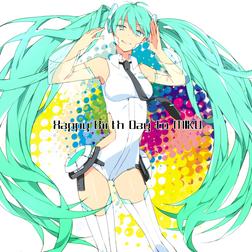bad_id bad_pixiv_id character_name detached_sleeves green_eyes green_hair happy_birthday hatsune_miku highres long_hair mochida64 necktie see-through solo thighhighs twintails very_long_hair vocaloid