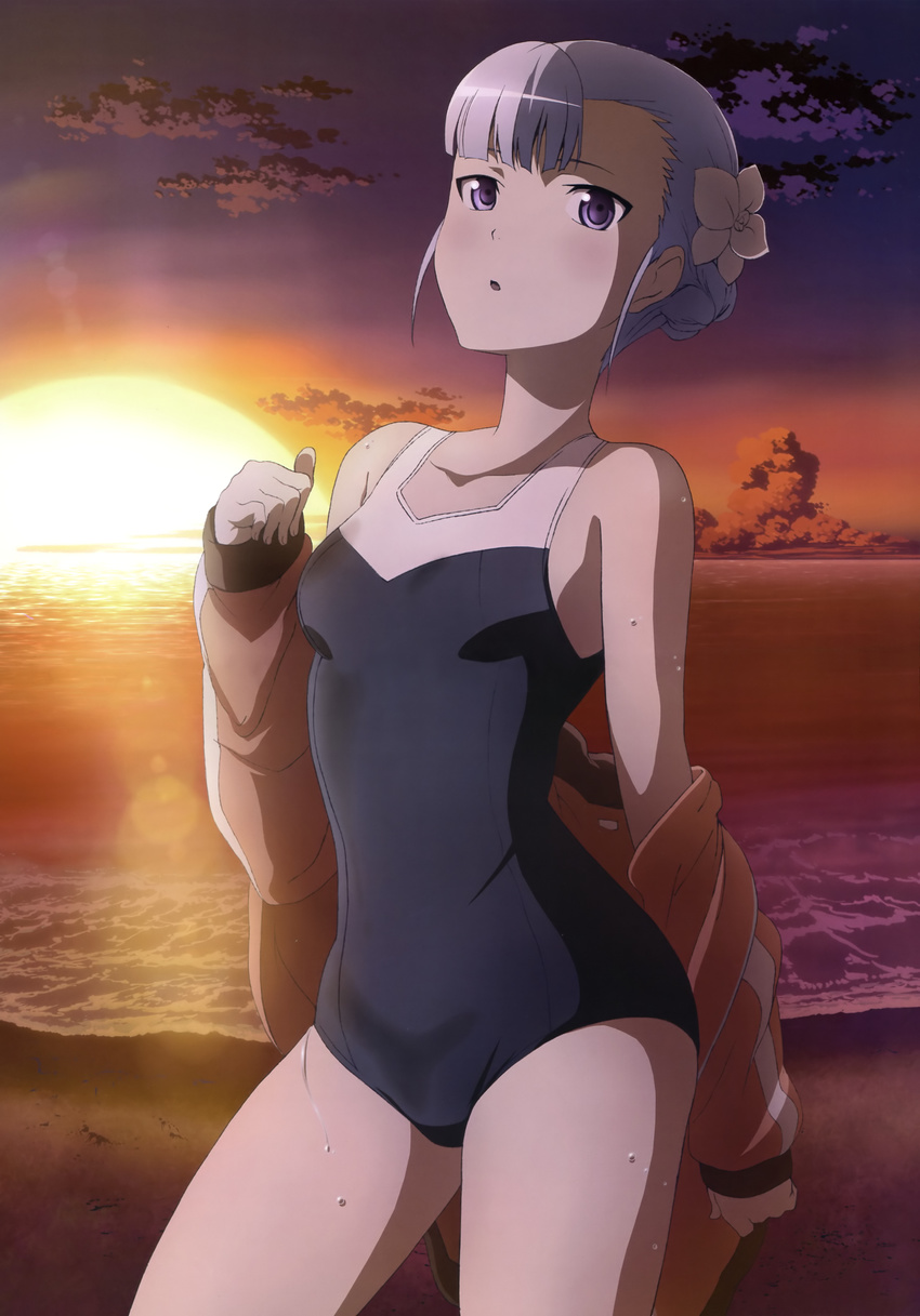 :o absurdres bangs beach blue_hair blue_swimsuit blunt_bangs blush breasts cloud cowboy_shot fin_e_ld_si_laffinty flower from_side hair_bun hair_flower hair_ornament highres jacket kamogawa_girls'_high_school_swimsuit lens_flare long_sleeves looking_at_viewer non-web_source nyantype ocean off_shoulder official_art one-piece_swimsuit open_clothes open_jacket open_mouth outdoors purple_eyes rinne_no_lagrange scan school_swimsuit short_hair sky sleeves_past_wrists small_breasts solo standing sun sunset swimsuit swimsuit_under_clothes toujima_hisashi track_jacket twilight undressing water wet wet_clothes wide_hips